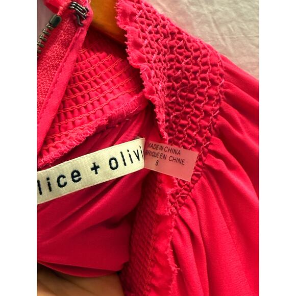 Alice + Olivia Lavania Blouson Sleeve Mini Dress in Wild Pink Smocked Waist US 8 - Picture 7 of 8